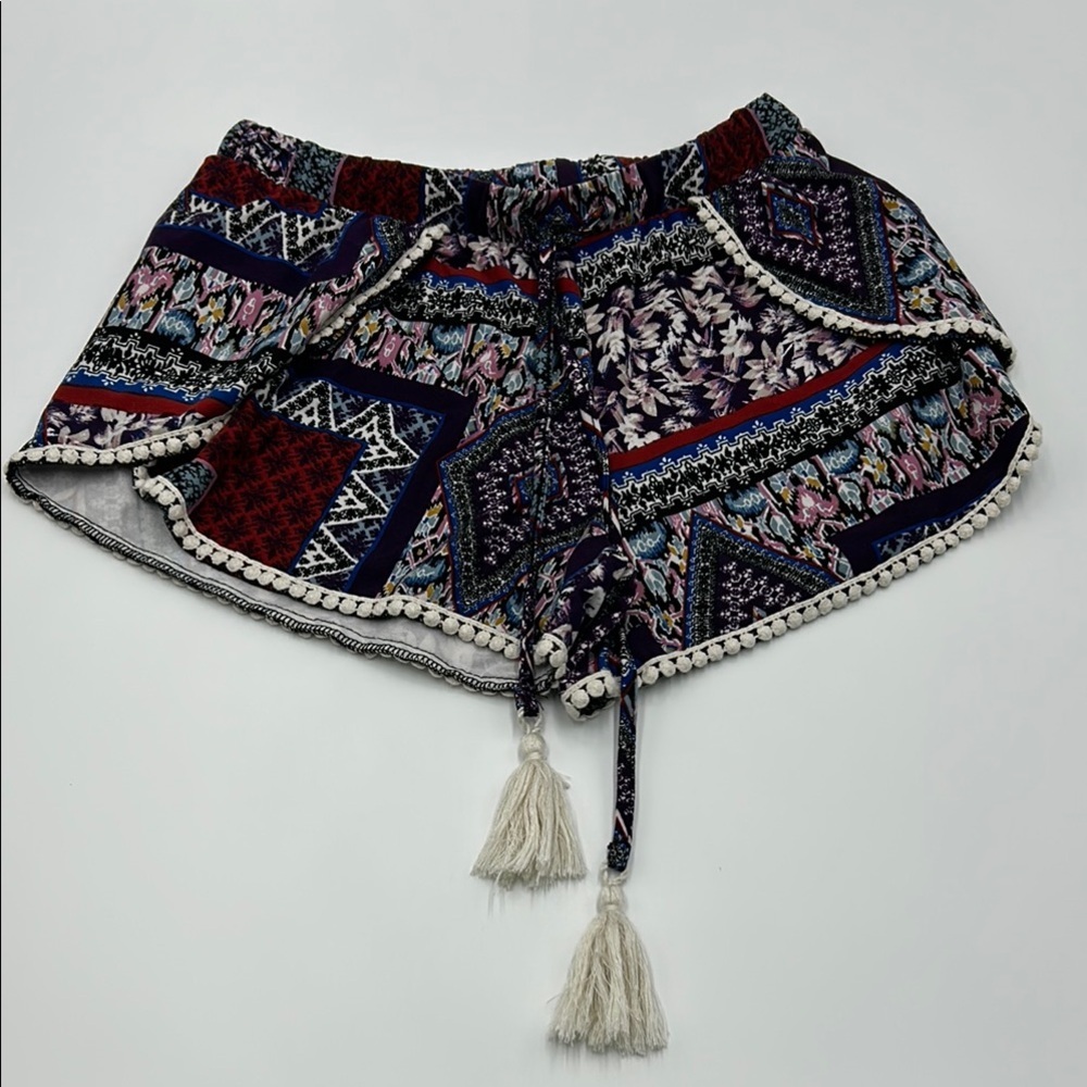 Hot Kiss Women's Shorts Multicolor Medium Elastic Waist Tassels Geometric Print